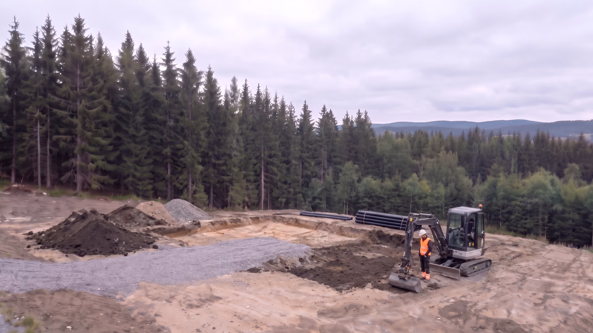 Byggetrinn 1: utgravd tomt med minigraver og drensrør i Romerike-landskap